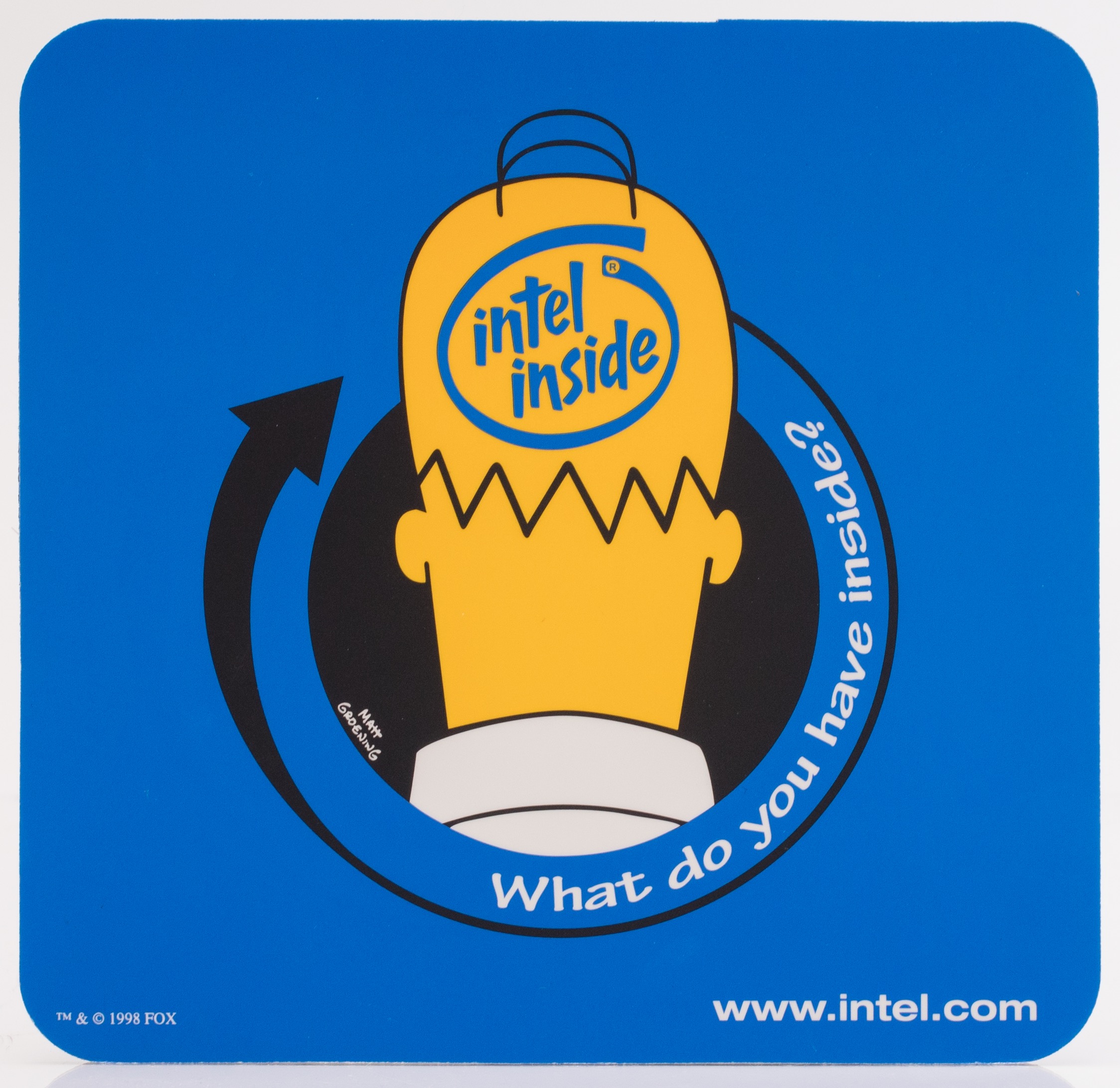"Simpsons"-themed commercials and materials boosted Intel's reputation as the company that made technology cool and fun. How many competitors could claim to have promotional items, like this mousepad, whose designs were drawn by Matt Groening himself? 
