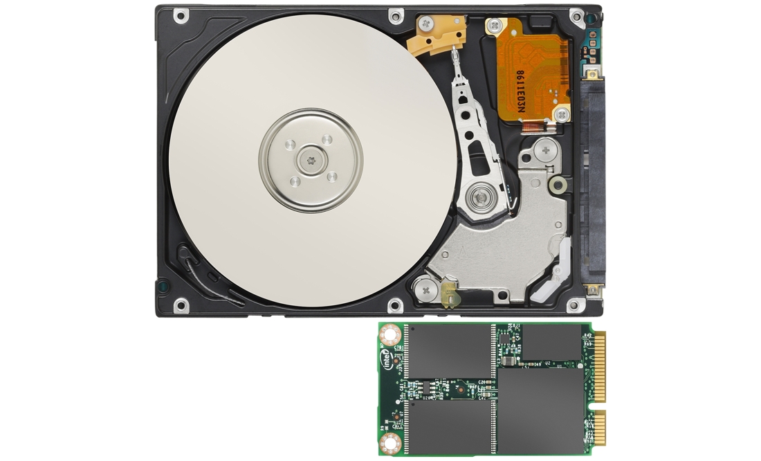Intel's SSD (bottom) used no moving parts, and thus was more durable and reliable than a mechanical hard disk drive (top).