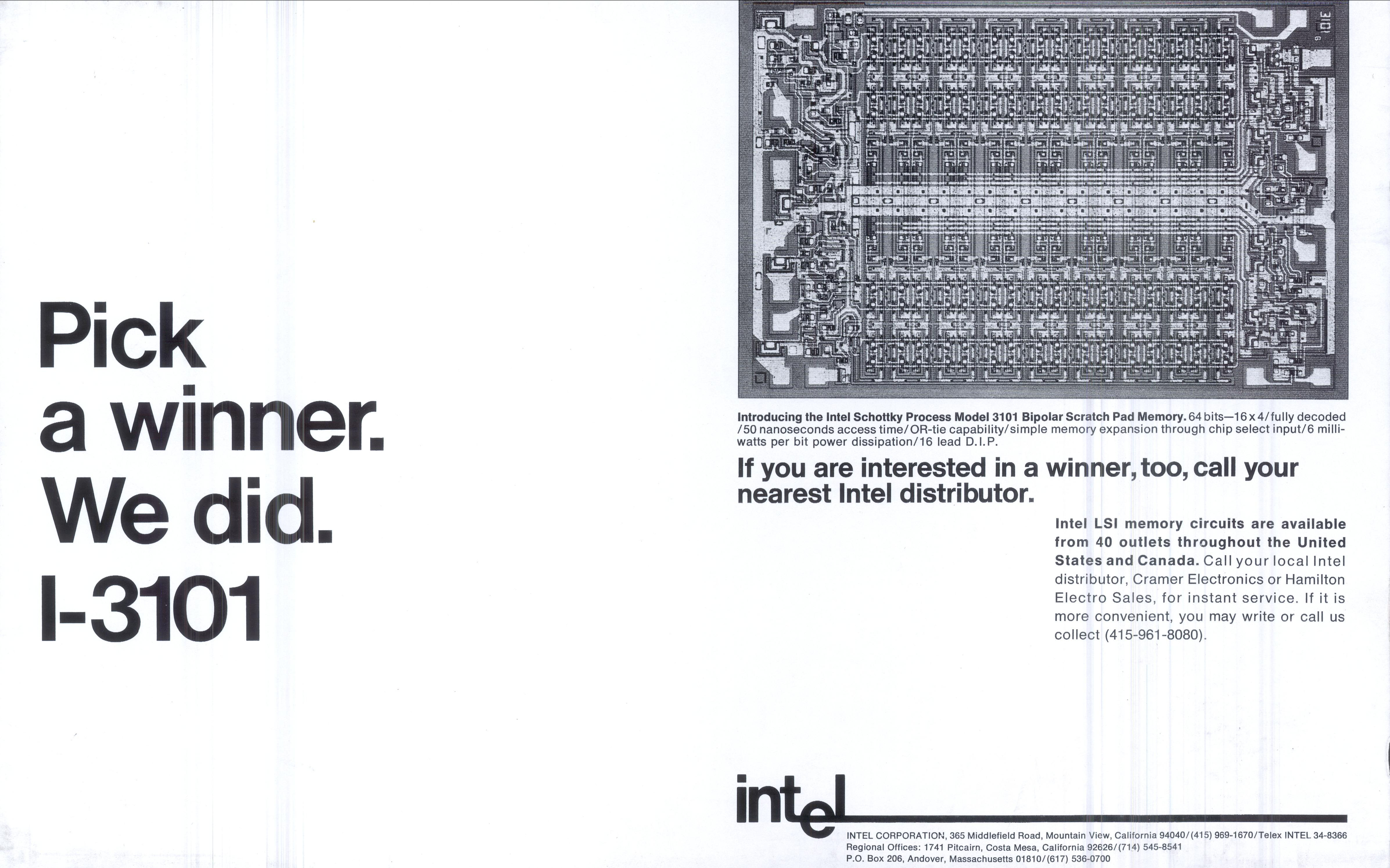 The new logo made it into advertisements for Intel's first product, the 3101.  